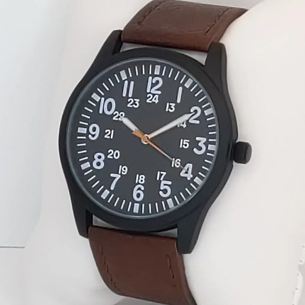 Men's Quartz Field Watch Black Case Brown Leather Strap 42mm